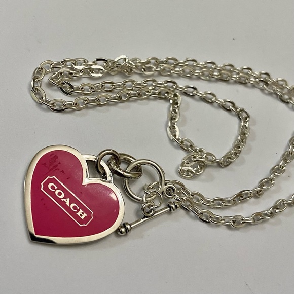 Coach, Shocking Pink Heart Enamel Silver Tone Pendant Necklace - Picture 6 of 9